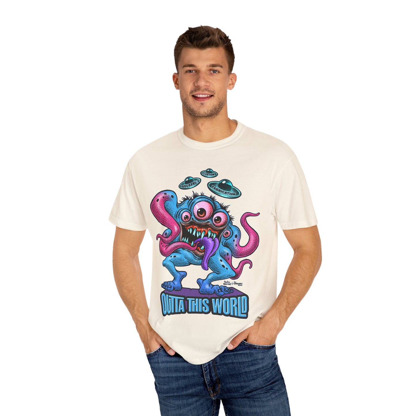 Monster 100% Cotton T-Shirt Featuring Our Newest Spaceport Monster Lan Roussel -Vintage Fit