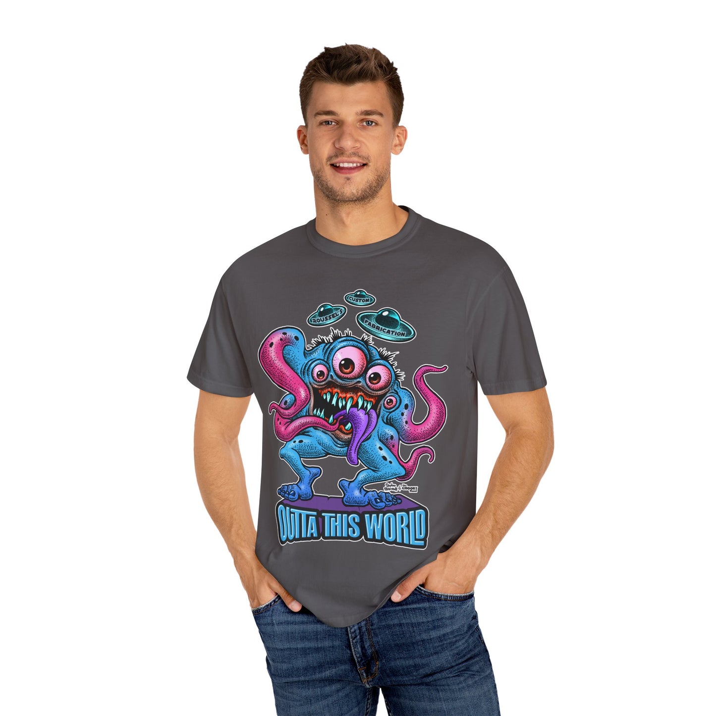 Monster 100% Cotton T-Shirt Featuring Our Newest Spaceport Monster Lan Roussel -Vintage Fit