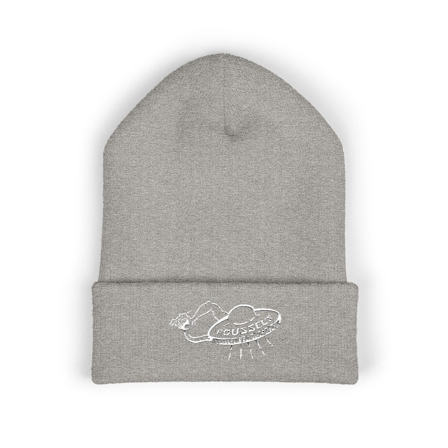 Cozy Winter Embroidered Beanie — Classic Cuffed Knit Hat Featuring Roussel's Outta This World UFO Design