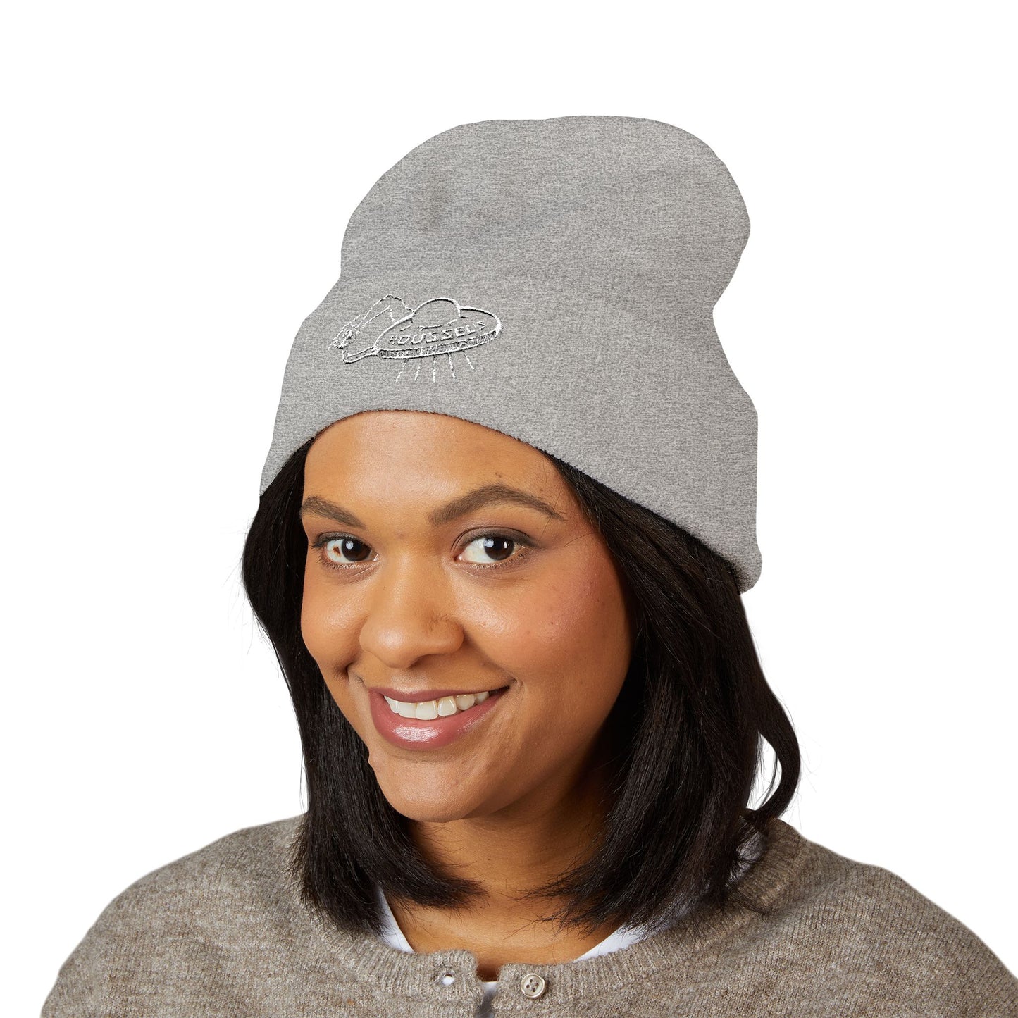 Cozy Winter Embroidered Beanie — Classic Cuffed Knit Hat Featuring Roussel's Outta This World UFO Design