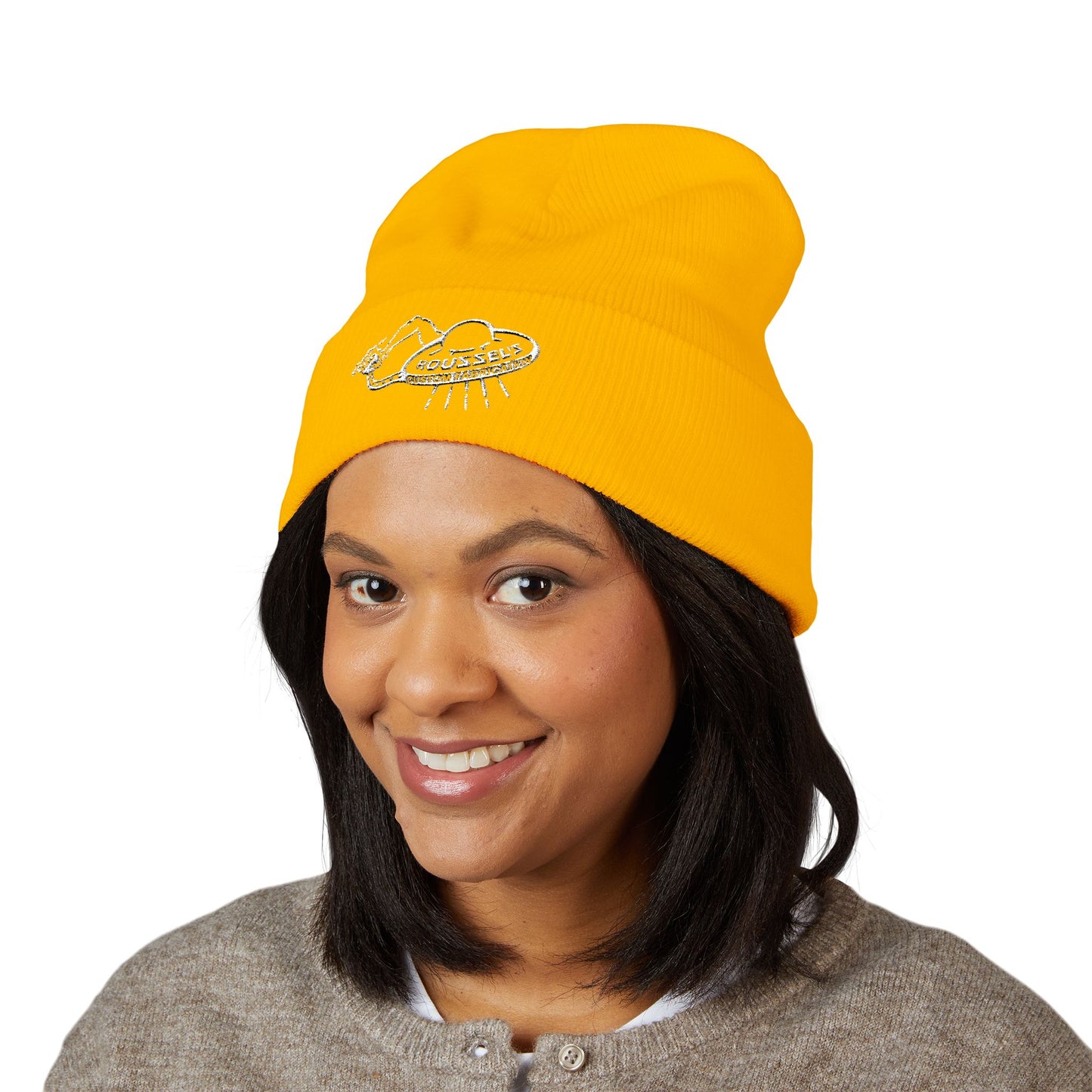 Cozy Winter Embroidered Beanie — Classic Cuffed Knit Hat Featuring Roussel's Outta This World UFO Design
